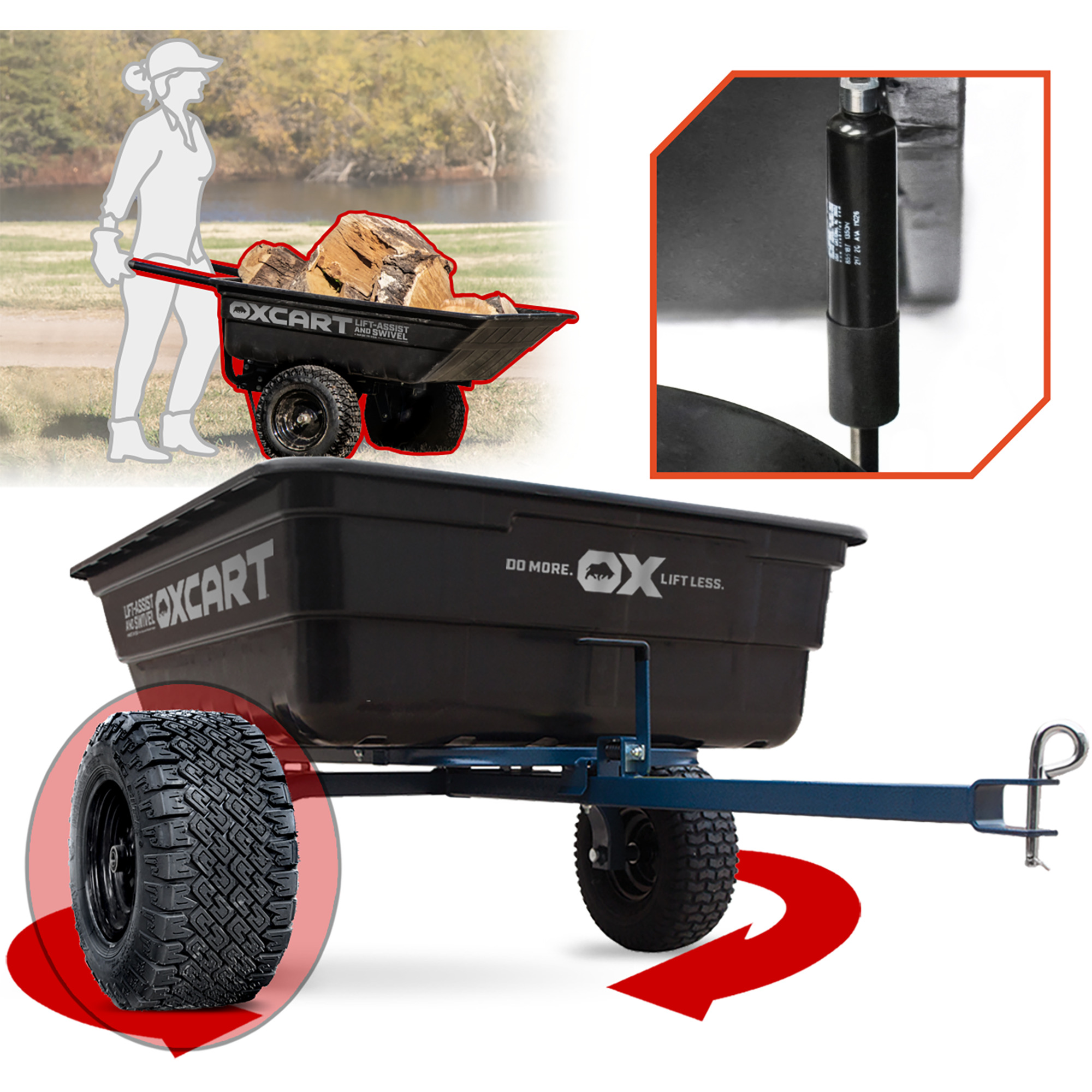 OxCart, 15cu Lift-Assist Swivel Cart ATV Grade MAG Tires, Load Capacity 1250 lb, Model# GTMXH3L116A